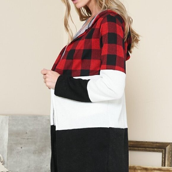 Buffalo Plaid Color Block Long Sweater Cardigan - Picture 3 of 5